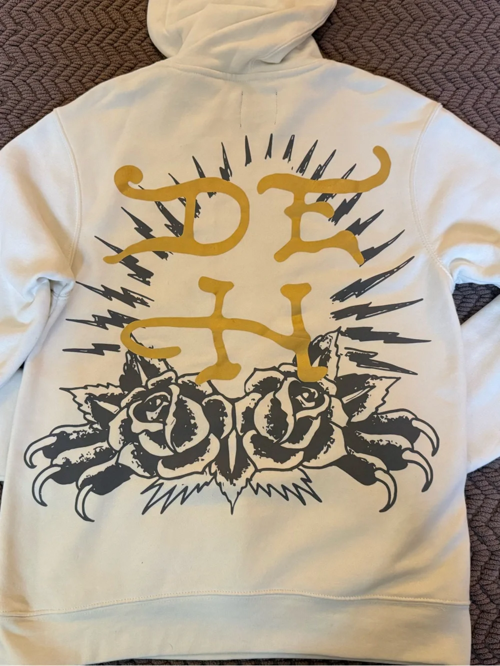 Ed Hardy White Hoodie with Black Panther and Orange Rose Graphic